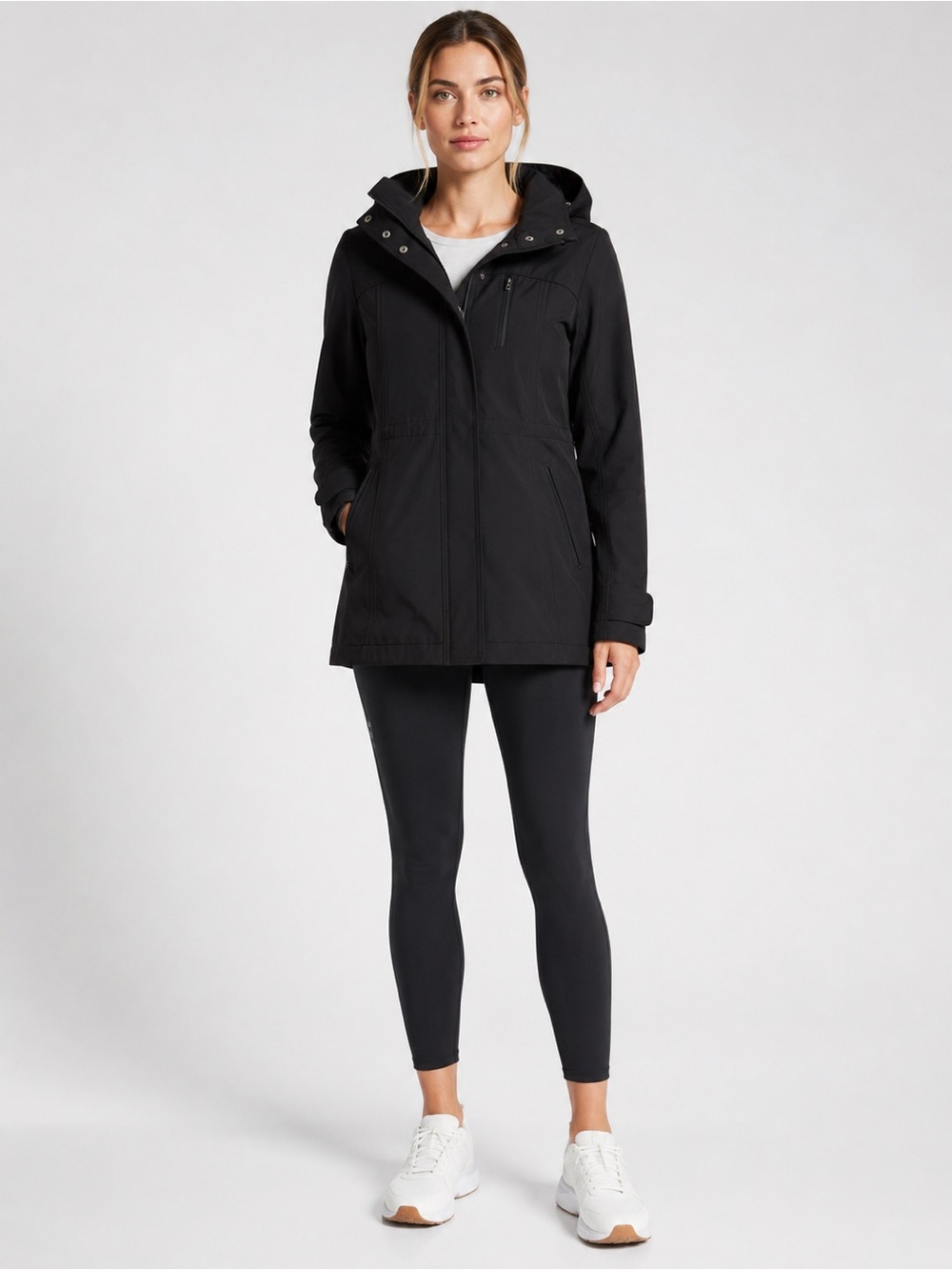 Athleta XS Shelter Cove Softshell‎ Hooded Parka Jacket Black Snap Storm Flap - Picture 10 of 10